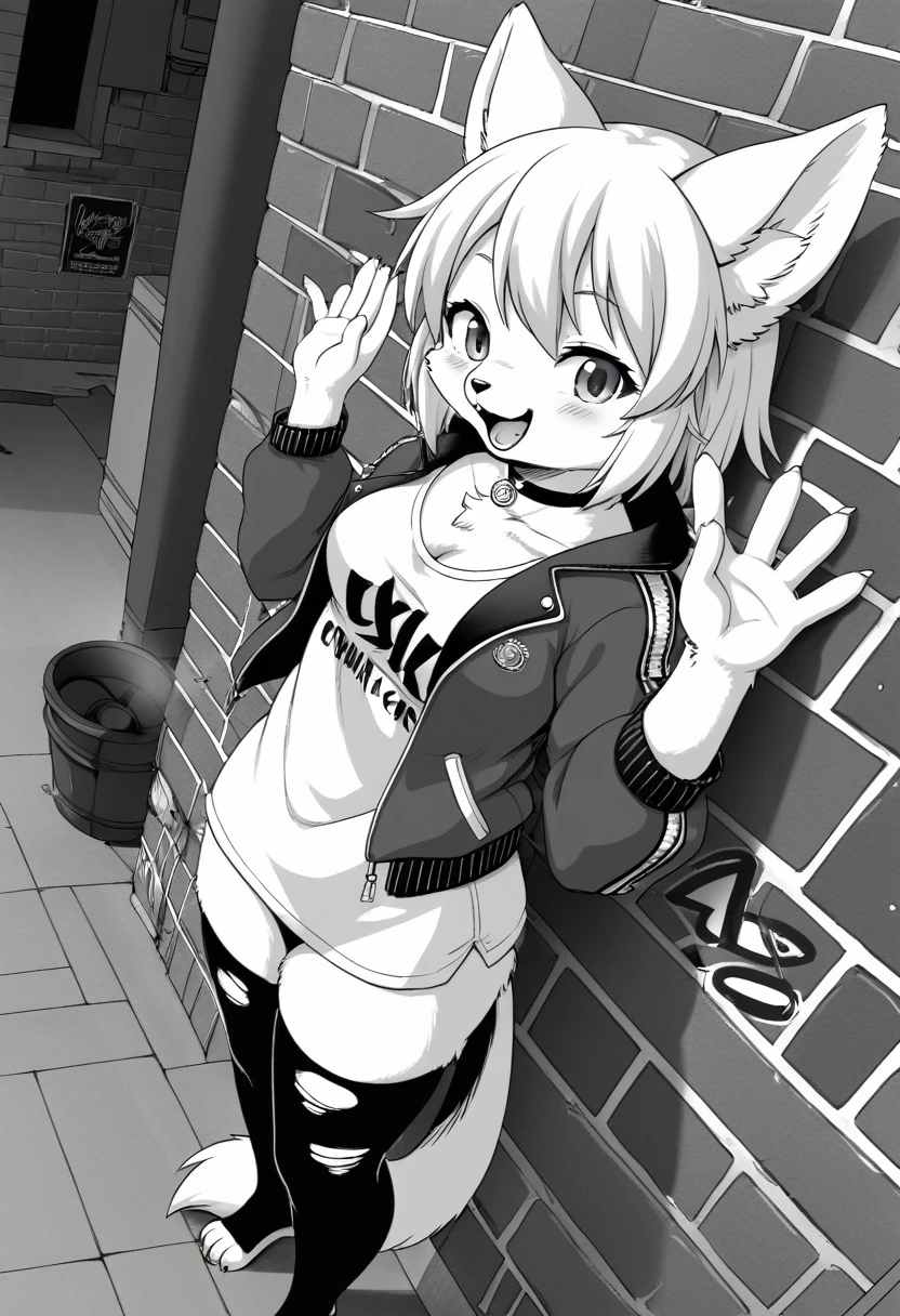 cover page, highres, top quality, best quality, paid reward available, unparalleled masterpiece, perfect artwork, absurdres, High-quality illustrations, laughing, perfect anatomy, lineart, monochrome, 1girl, kemono, furry, anthro, choker, shirt, torn legwear, open jacket, against wall, brick wall, graffiti, dim lighting, alley, dynamic angle,