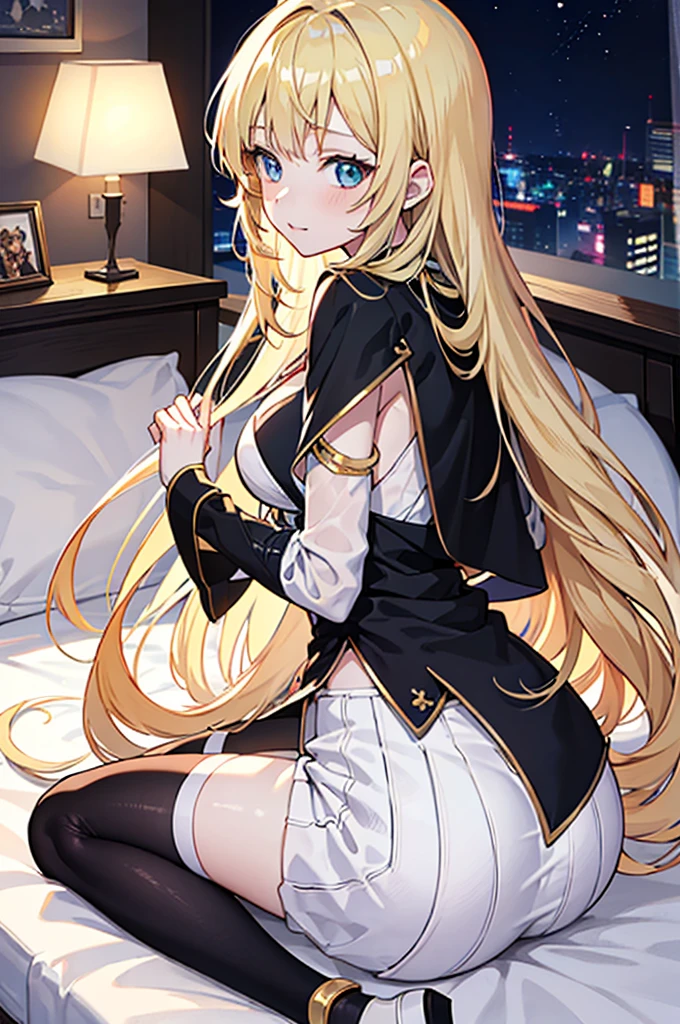 Anime girl with long blonde hair sitting cross-legged on bed, blonde Long Hair Anime Girl, Lit from behind, Enchanting anime girl, Top rated on pixiv, Blonde Goddess, Long blonde hair, Blonde Princess, Anime Goddess, , Beautiful and attractive anime teen, From Girls Frontline, Naughty, Long Hair Anime Girl