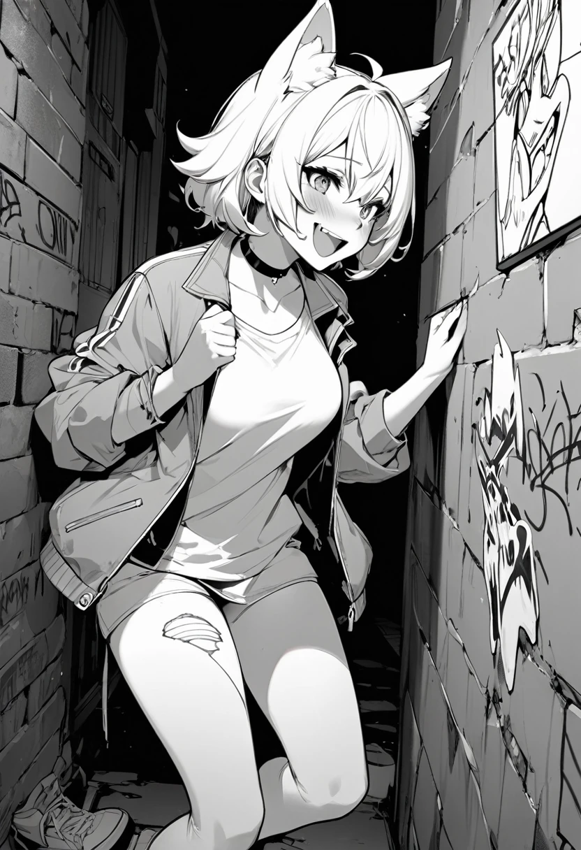 cover page, highres, top quality, best quality, paid reward available, unparalleled masterpiece, perfect artwork, absurdres, High-quality illustrations, laughing, perfect anatomy, lineart, monochrome, 1girl, kemono, furry, anthro, choker, shirt, torn legwear, open jacket, against wall, brick wall, graffiti, dim lighting, alley, dynamic angle,