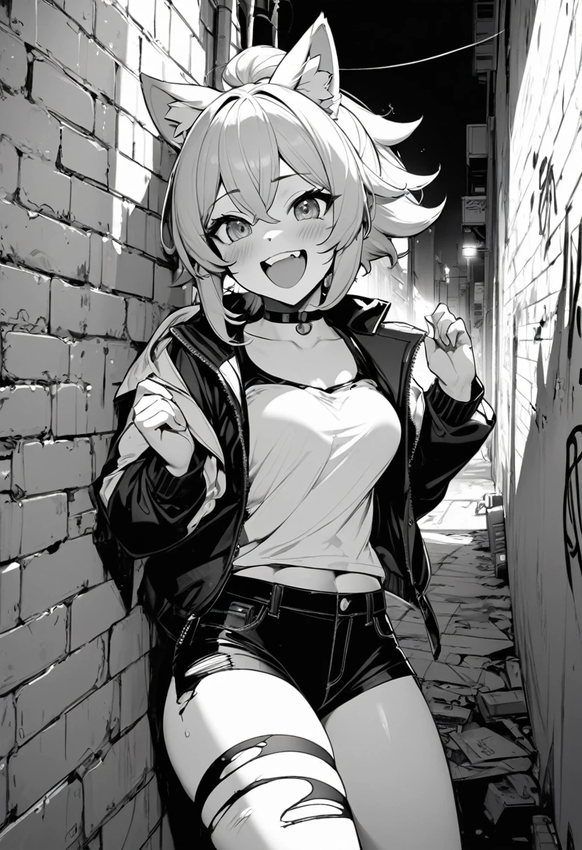 cover page, highres, top quality, best quality, paid reward available, unparalleled masterpiece, perfect artwork, absurdres, High-quality illustrations, laughing, perfect ???????, lineart, monochrome, 1girl, kemono, furry, anthro, choker, shirt, torn legwear, open jacket, against wall, brick wall, graffiti, dim lighting, alley, dynamic angle,