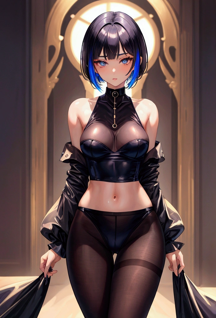masterpiece, highly detailed, highest quality, high resolution, super precise, (1 girl), plain oversized Tee-shirt, plain semi-opaque colored waist high pantyhose,, flawless skin, inky black dark violet hair, pixie cut hairstyle, sharp facial features, young teenager, sharp facial features, high bridged nose, medium height(178cm), cowboy shot, slender and slim body with ample curves, velvet colored eyes,