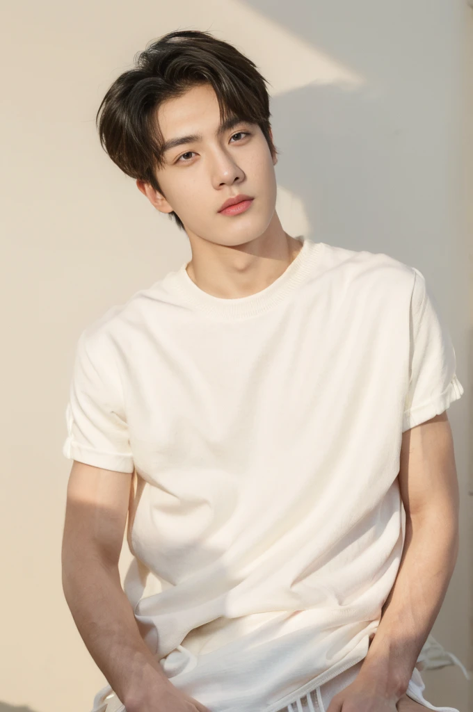 Asian muscular boy sitting on grass, y, Dark eyebrows, white shirt, wearing white thong high cut underwaer, white high cut Jockstrap, muscular young male, mid shot portrait, high quality portrait, Attractive pose, cute young man, gorgeous young model, portrait a 25 - year - old boy, casual photography, Realistic. Cheng Yi, cute young man, ((wearing micro string thong))