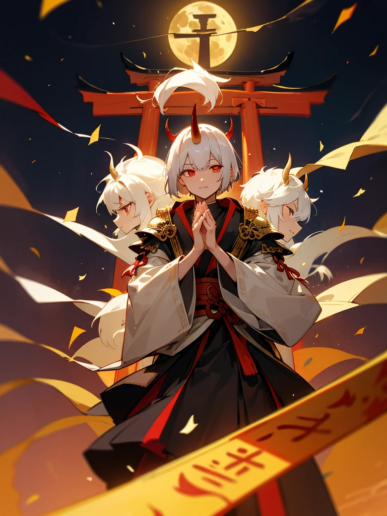 Demon, evil eye, horn, white short hair, black armor, torii gate, man, full moon, prayer hands, golden lion, confetti