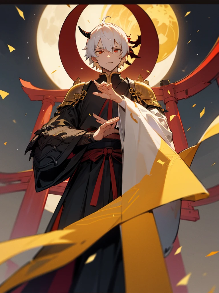 Demon, evil eye, horn, white short hair, black armor, torii gate, man, full moon, prayer hands, golden lion, confetti
