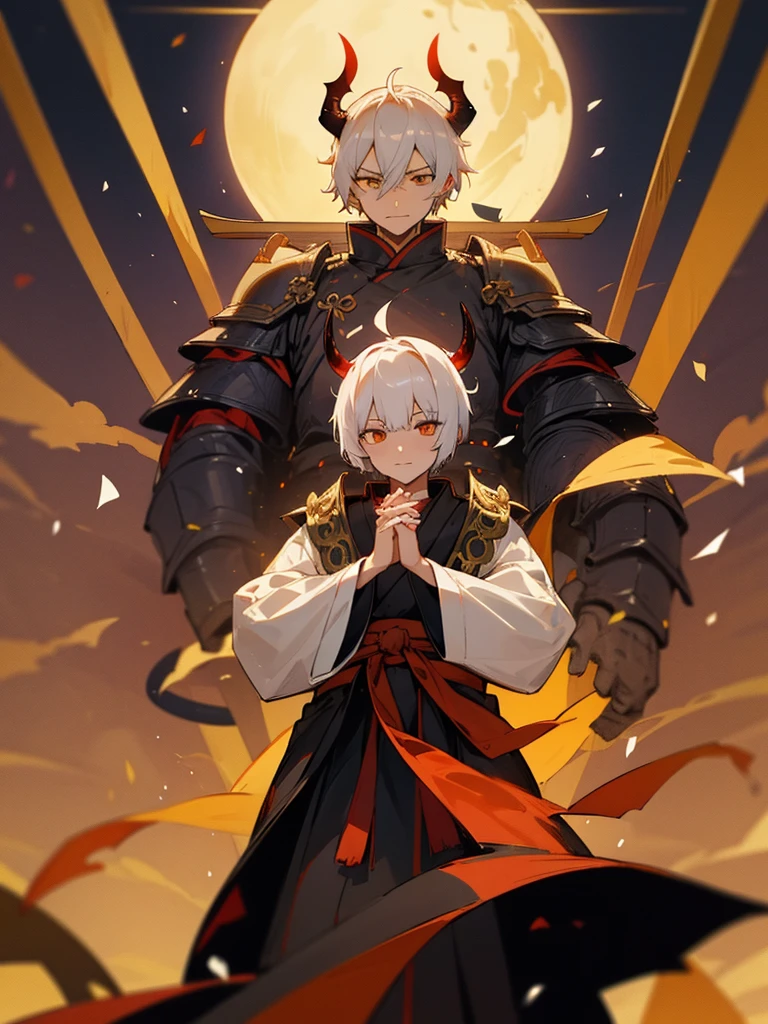 Demon, evil eye, horn, white short hair, black armor, torii gate, man, full moon, prayer hands, golden lion, confetti