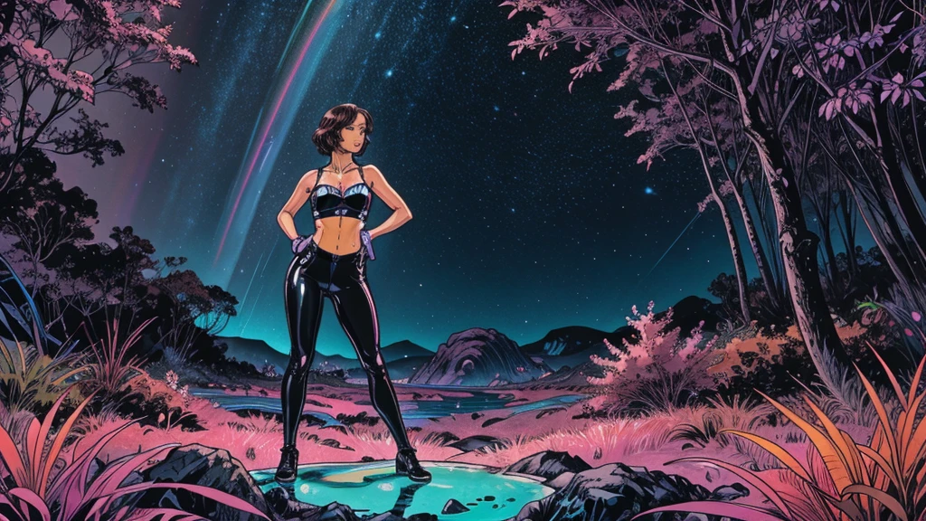 A photorealistic cute, slender aerobics instructor with very short brown hair, very short brown hair, very short brown hair, very short brown hair, brown eyes, and dimples, standing confidently in a fantastical landscape. She's wearing a tight, black, latex corset. The background features floating islands covered in bioluminescent plants, cascading waterfalls of rainbow colors, and giant crystalline structures that refract light. Vibrant colors include deep purples, electric blues, neon pinks, and shimmering golds. The lighting is ethereal, with a soft glow emanating from the plants and crystals. Broad strokes of bright, contrasting colors sweep across the sky, reminiscent of an abstract painting - vibrant oranges, lime greens, and vivid magentas create a striking contrast against the fantastical elements.