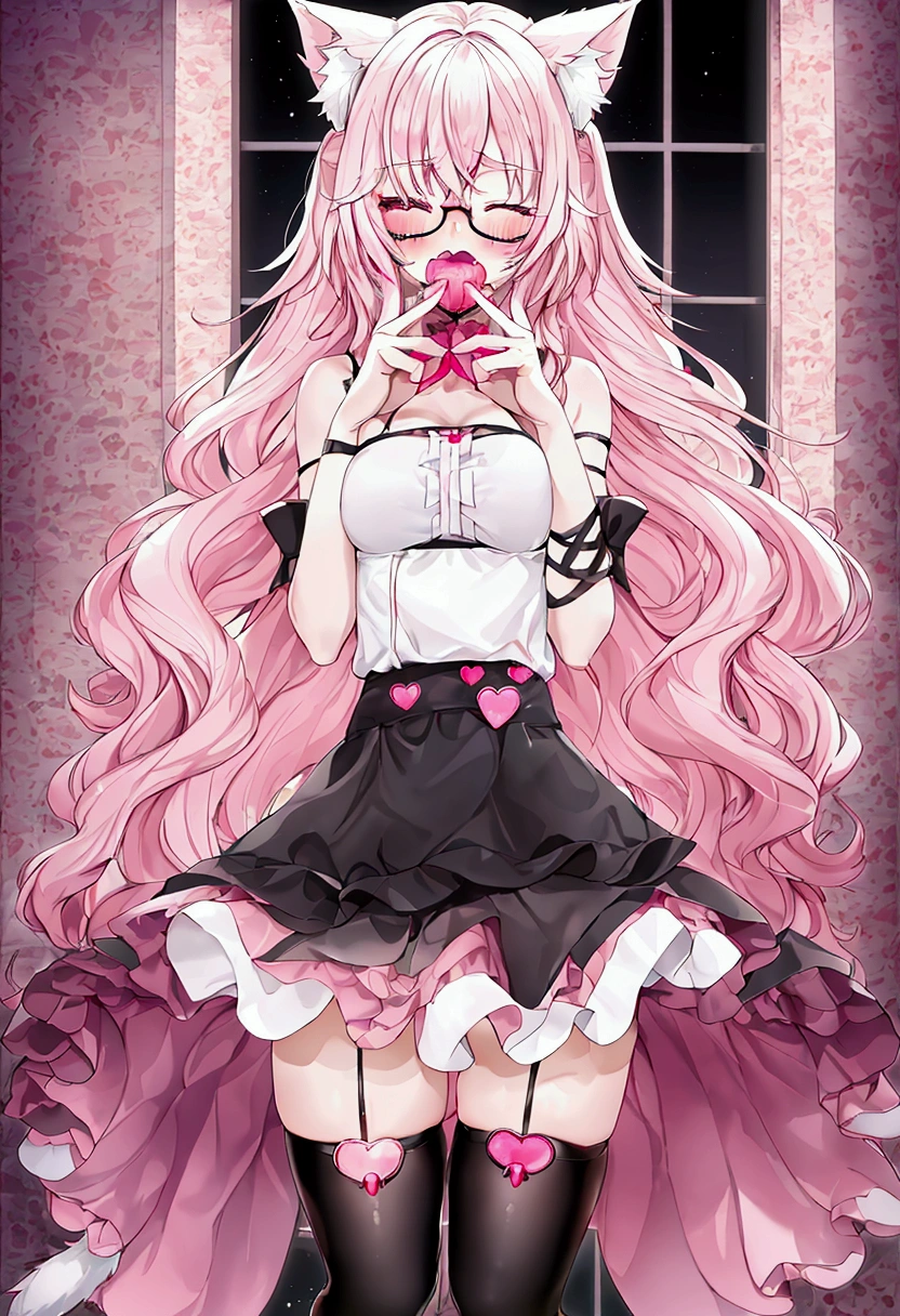 I have white pink hair, cat ears, A good, my face is super red, black glasses, pink heart eyes, a brazil, a skirt that has black straps, black stockings, White shoes, a cat tail, a very shy girl who is on her knees opening her mouth with her tongue sticking out and her eyes closed