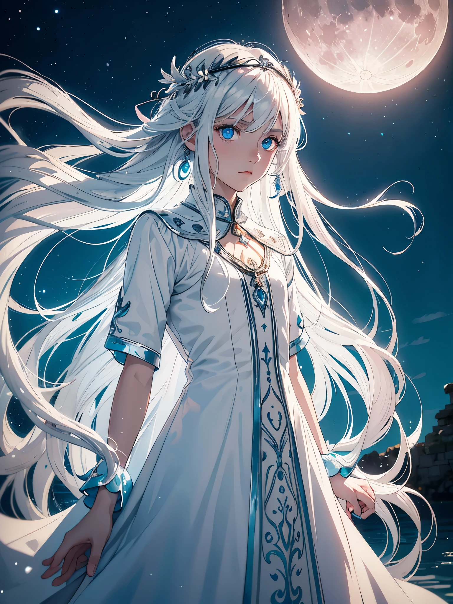 Weiblicher. Long hair. long white hair. aquatic, boy, Goddess of the Moon, silver hair accessories, White hair, White dress, cape, at night, saturated colors, light eyes, bright, light blue light, blue eyes, Jewelry silver, bluish light, Full moon in the background, aquatic in der Luft rosa kerzen