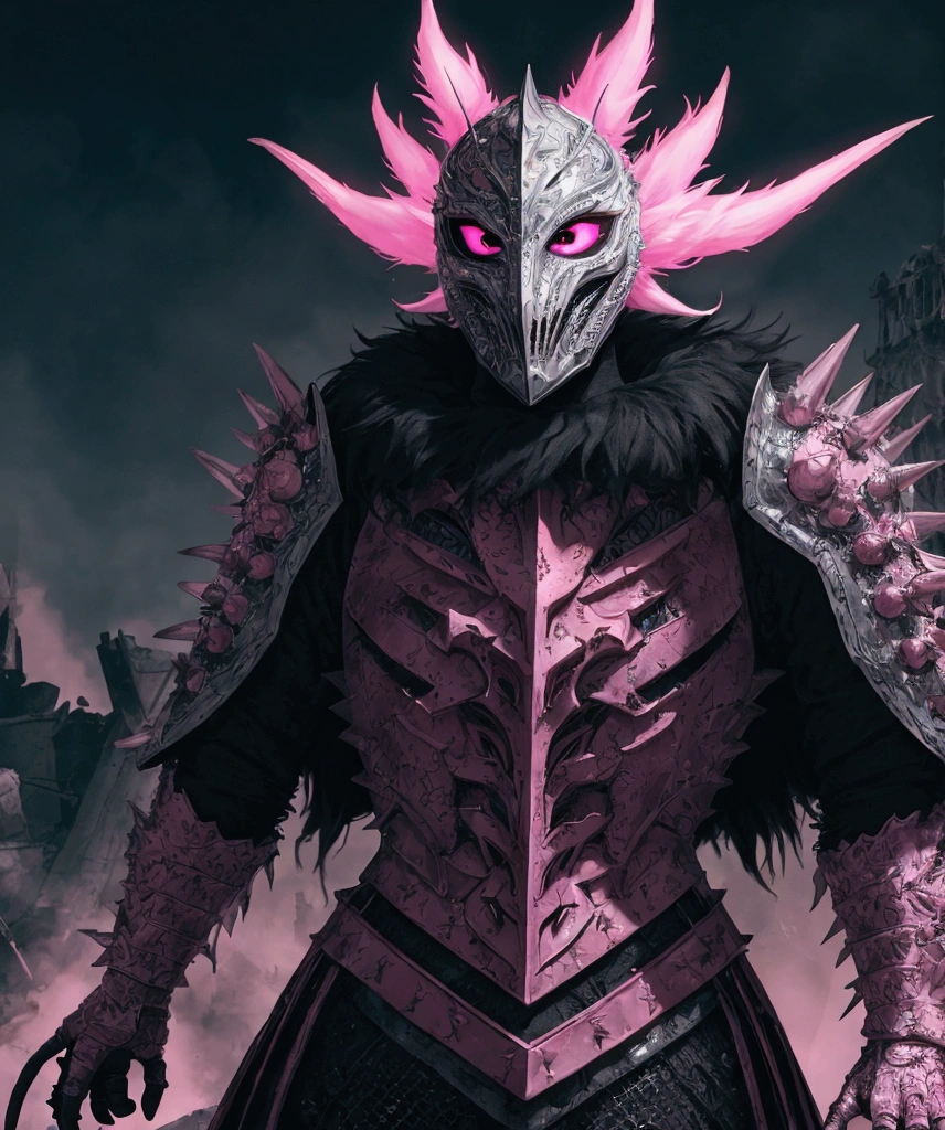 (extremely detailed 8k wallpaper), a medium shot photo of  Grim dressed as a scary masked white and pink furry-supervillain in a white and pink spiked armour made of fur glowing armour with spikes from marvel, theme, intricate, high detail, dramatic, furry monster and destroyed buildings in the background