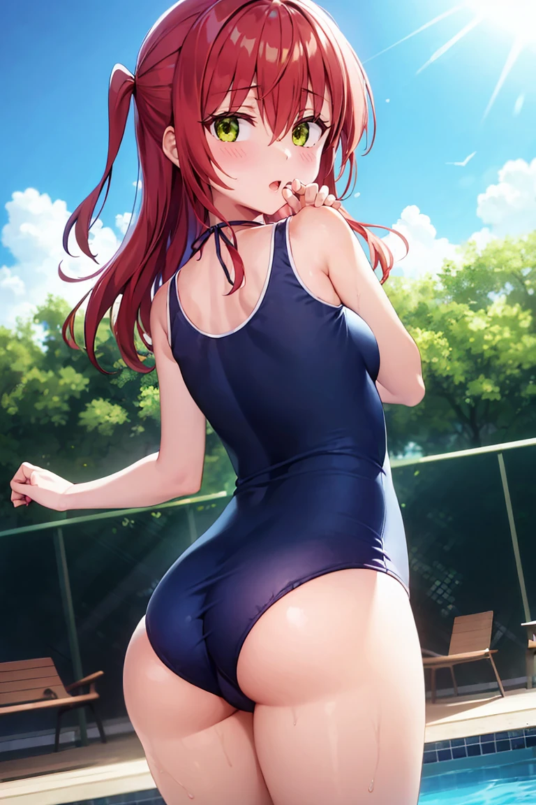 room, 1 Girl, Highest quality, Ultra-high resolution, Long Hair, Redhead, Green Eyes,Looking at the audience, Small breasts , Shy face、Watery eye, Open your mouth、Cowboy Shot、Navy school swimsuit、Pool、Backwards、look back、