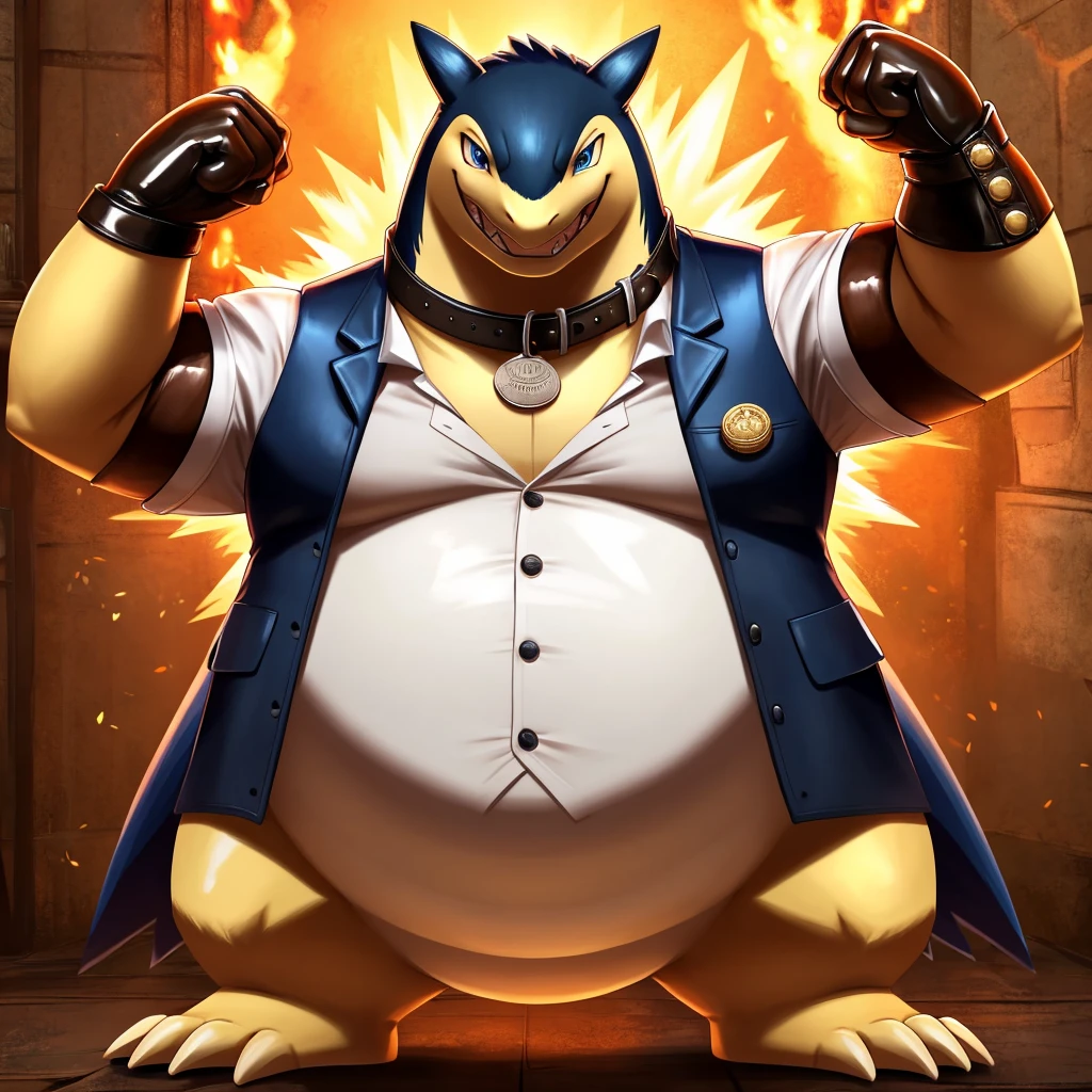 Solo, Male, fat, extremely obese, gentleman, dapper Professor Typhlosion, blue eyes, (posing:1.3), (soft shading), 4k, hi res, ((detailed face, detailed)), looking at viewer, mouth wide open, steampunk, collared shirt with buttons, top hat, male focus, Explorer Outfit, glasses, monocle, vest with buttons, sleeves rolled up, round eyewear, brown headwear, brown vest, Typhlosion is wearing a glossy leather dog collar around the neck, Typhlosion is wearing the leather collar and shirt and vest at the same time, Typhlosion is wearing glossy white rubber gloves on the hands, wearing white rubber gloves on the feet, gloves are rubber in texture, clenching teeth, clenching fists, leather collar is glossy and shiny with a lot of detail, Typhlosion is wearing gloves and leather collar at the same time, leather collar has a round dog-tag, leather collar is thick and detailed, leather collar is glossy and shiny, fancy clothing, dapper vest, dapper shirt, leather collar is thick.