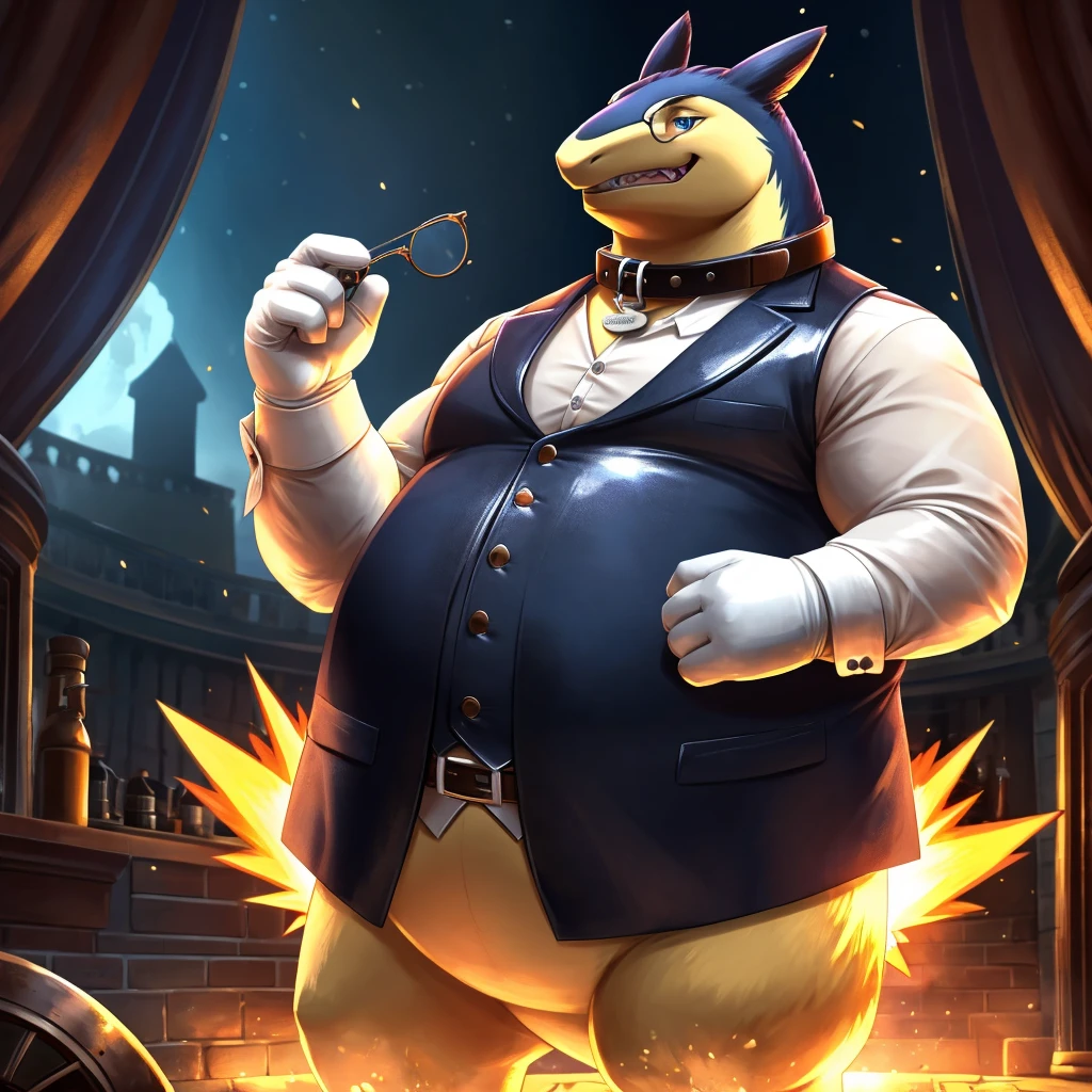 Solo, Male, fat, extremely obese, gentleman, dapper Professor Typhlosion, blue eyes, (posing:1.3), (soft shading), 4k, hi res, ((detailed face, detailed)), looking at viewer, mouth wide open, steampunk, collared shirt with buttons, top hat, male focus, Explorer Outfit, glasses, monocle, vest with buttons, sleeves rolled up, round eyewear, brown headwear, brown vest, Typhlosion is wearing a glossy leather dog collar around the neck, Typhlosion is wearing the leather collar and shirt and vest at the same time, Typhlosion is wearing glossy white rubber gloves on the hands, wearing white rubber gloves on the feet, gloves are rubber in texture, clenching teeth, clenching fists, leather collar is glossy and shiny with a lot of detail, Typhlosion is wearing gloves and leather collar at the same time, leather collar has a round dog-tag, leather collar is thick and detailed, leather collar is glossy and shiny, fancy clothing, dapper vest, dapper shirt, leather collar is thick.