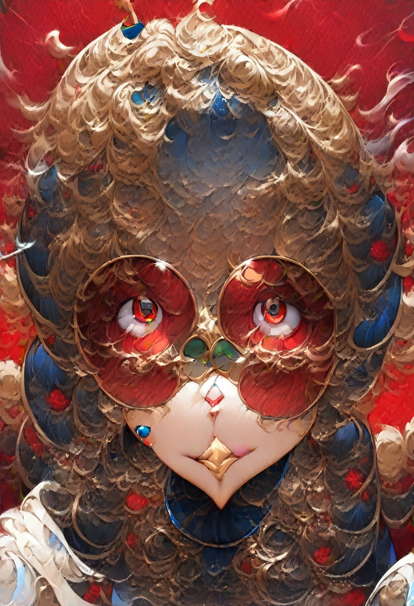 (portraits:1.4), (Masterpiece artwork:1.2, best qualityer:1.2), From above, upperbody, 1girl, look up to, facefocus, extreme detailed face, extremely detailed eyes, goodlooking, make-up, finger on lips, sun glasses, smoking pipe,china wear, aretes, ayes red, red background,