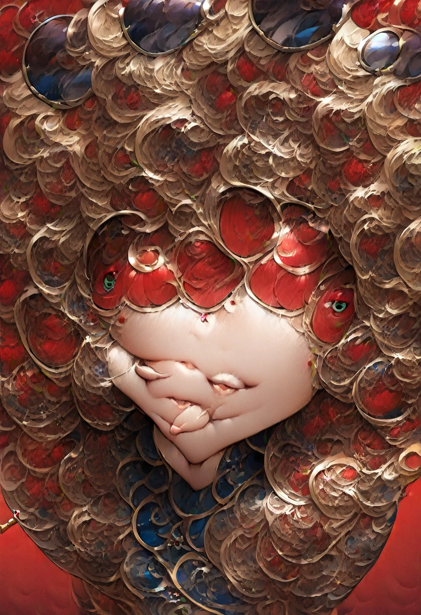 (portraits:1.4), (Masterpiece artwork:1.2, best qualityer:1.2), From above, upperbody, 1girl, look up to, facefocus, extreme detailed face, extremely detailed eyes, goodlooking, make-up, finger on lips, sun glasses, smoking pipe,china wear, aretes, ayes red, red background,