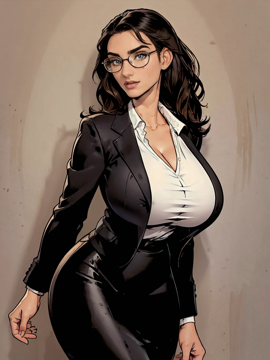 Gorgeous and sultry busty athletic (thin) brunette with sharp facial features and a (large nose) and (huge boobs) wearing a black blazer, white blouse and black pencil skirt, glasses