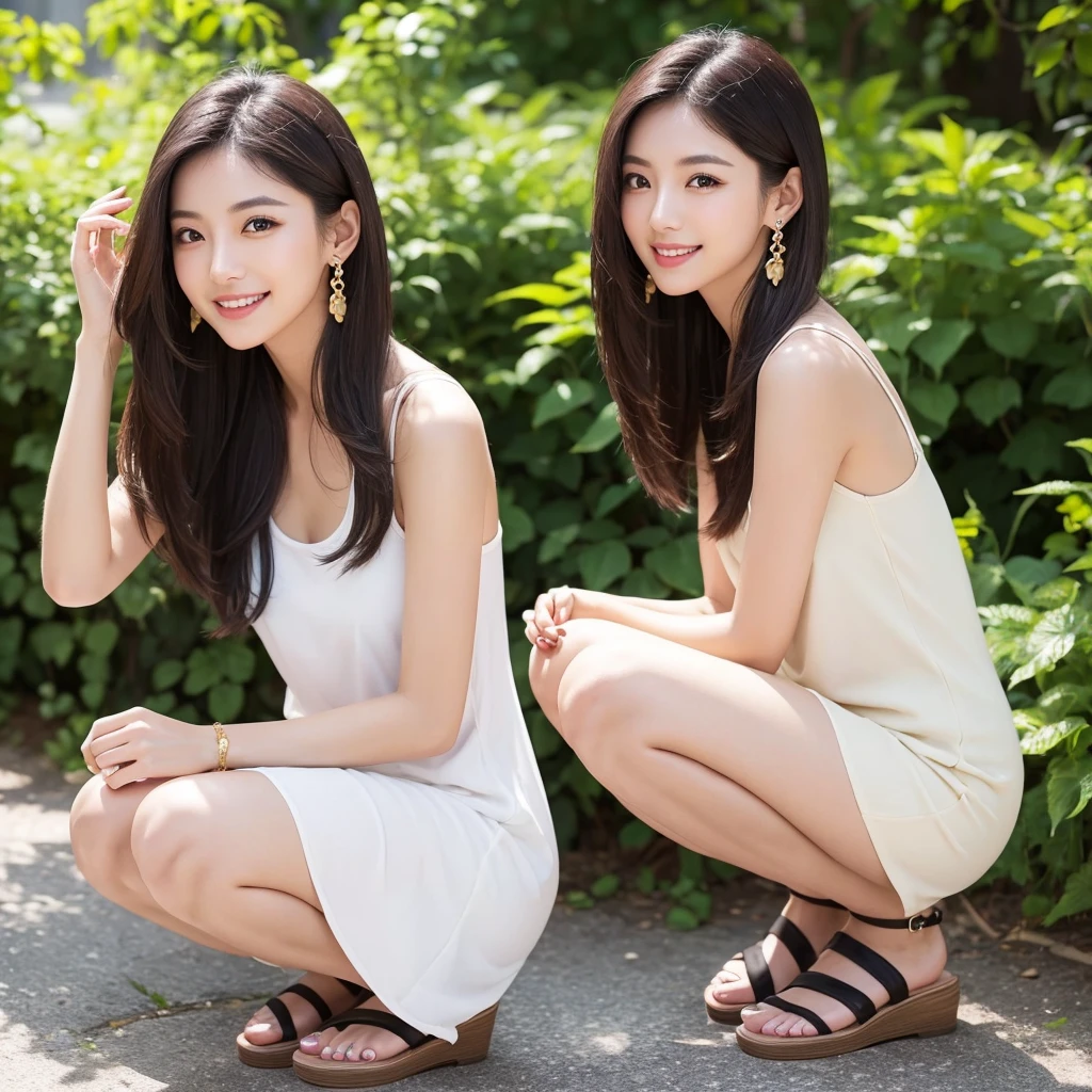a Japanese supermodel with long black hair and an attractive appearance, in a summer setting. She is depicted crouching down to pick up an earring that has fallen to the ground. The earring should be clearly visible on the ground. She has long, sleek black hair that falls naturally around her shoulders, an oval-shaped face with high cheekbones, a smooth, fair complexion, and almond-shaped dark brown eyes with elegantly applied eyeliner and mascara. Her eyebrows are well-defined and arched. Her lips are naturally full with a soft pink lipstick, and she has a gentle, warm smile that radiates charm. She has a slim and tall figure, standing at around 170 cm (5'7"), with long, toned legs. She is wearing a stylish and breezy summer outfit with a slit, such as a light sundress or shorts and a tank top, suitable for warm weather, with cool-looking sandals. She is in a sunny outdoor environment with a cool and refreshing atmosphere, green trees, and a bright blue sky in the background. The image clearly shows her crouching position from head to toe, including the ground, her sandals, and the fallen earring. She is smiling warmly. Full body photo.