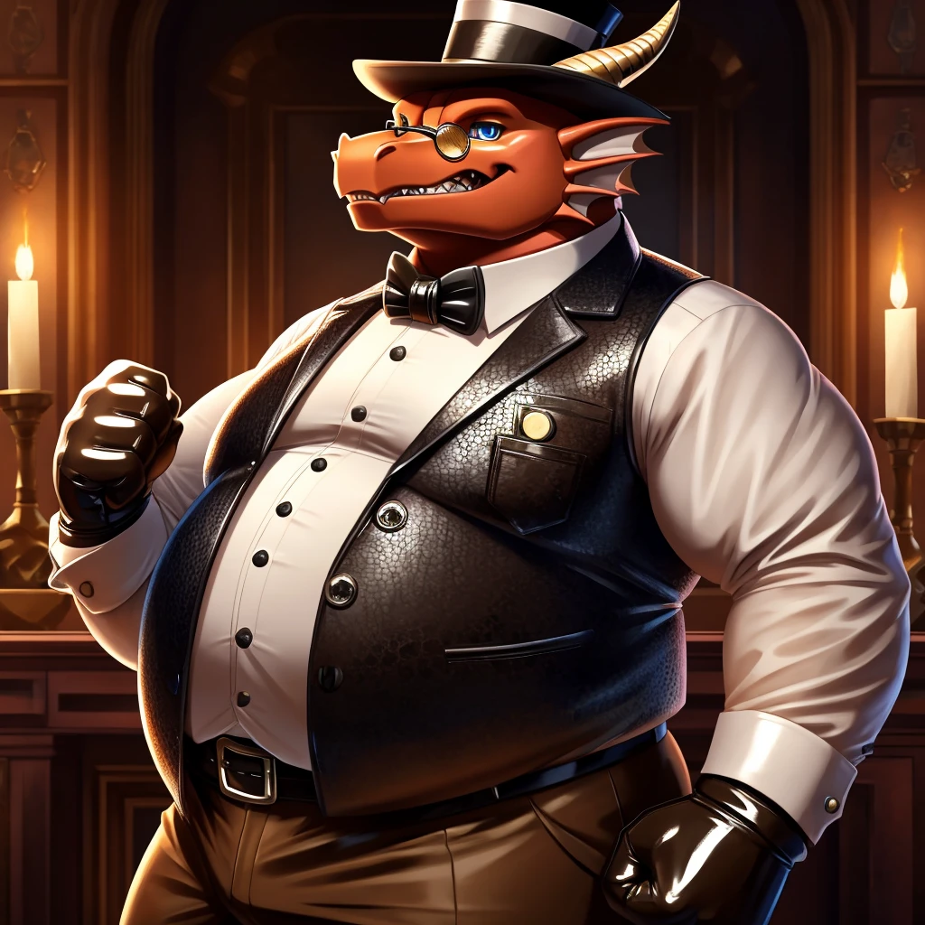 Solo, Male, fat, extremely obese, gentleman, dapper Professor Dragon, blue eyes, (posing:1.3), (soft shading), 4k, hi res, ((detailed face, detailed)), looking at viewer, mouth wide open, steampunk, collared shirt with buttons, top hat, male focus, Explorer Outfit, glasses, monocle, vest with buttons, sleeves rolled up, round eyewear, brown headwear, brown vest, Dragon is wearing a glossy leather dog collar around the neck, Dragon is wearing the leather collar and shirt and vest at the same time, Dragon is wearing glossy white rubber gloves on the hands, wearing white rubber gloves on the feet, gloves are rubber in texture, clenching teeth, clenching fists, leather collar is glossy and shiny with a lot of detail, Dragon is wearing gloves and leather collar at the same time, leather collar has a round dog-tag, leather collar is thick and detailed, leather collar is glossy and shiny, fancy clothing, dapper vest, dapper shirt, leather collar is thick.