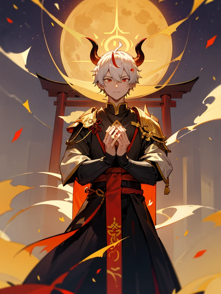 Demon, evil eye, horn, white short hair, black armor, torii gate, man, full moon, prayer hands, golden lion, confetti
