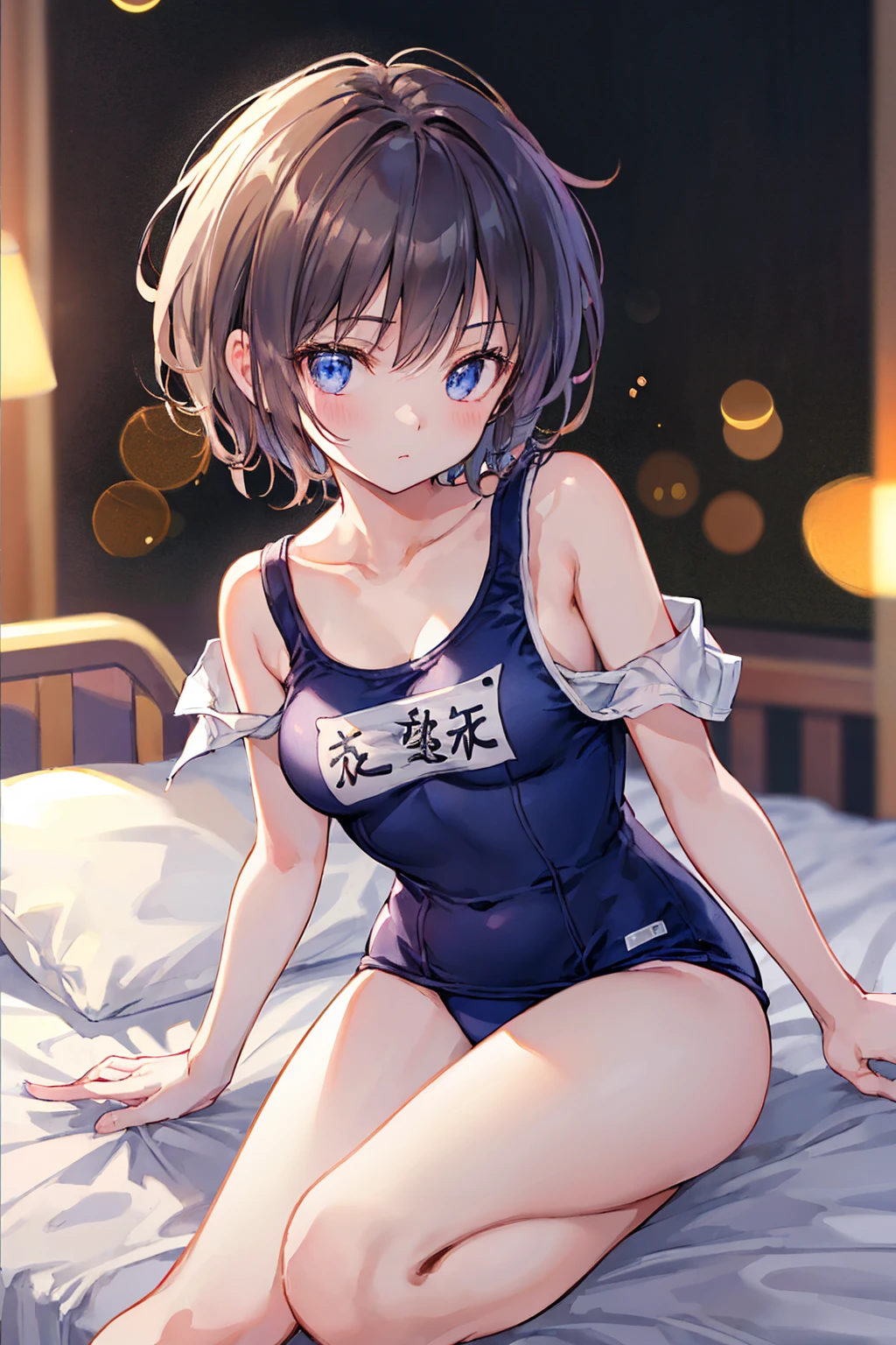 high quality、最high quality、Ultra-high resolution、Slender beauty、School Swimsuit、short hair、Holding my knees、On the bed，((最high quality)), (Very detailed), (High-definition CG synthesis 8K wallpaper), 高いly detailed, 高い-definition raw color photos, Professional photography, (((Bokeh))), Written boundary depth,