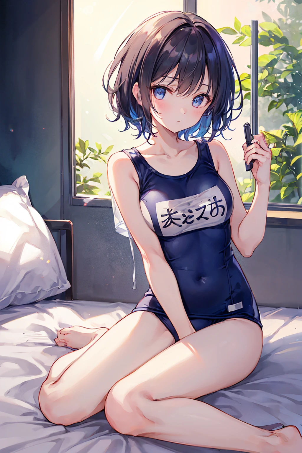 high quality、最high quality、Ultra-high resolution、Slender beauty、School Swimsuit、short hair、Holding my knees、On the bed，((最high quality)), (Very detailed), (High-definition CG synthesis 8K wallpaper), 高いly detailed, 高い-definition raw color photos, Professional photography, (((Bokeh))), Written boundary depth,