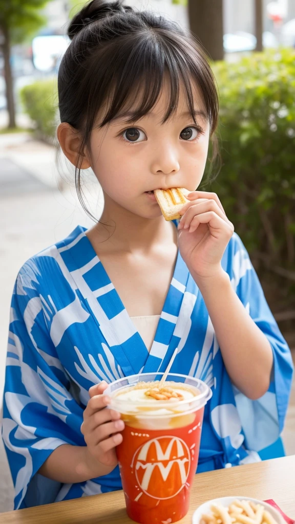  girl　Japanese　Light blue yukata　Realistic Skin　Bigeyes　Eating a Big Mac　フライドポテトを食べている