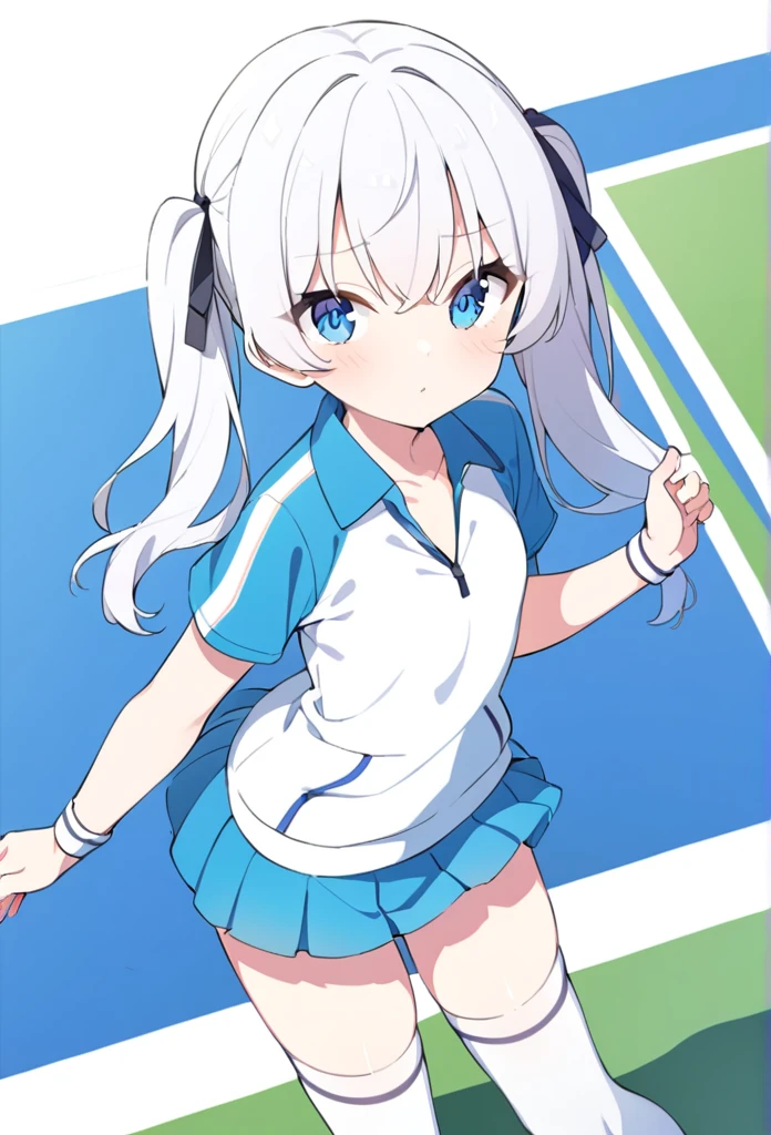 1 girl, cute, young, white hair, twintail, blue eyes, tennis wear, thigh high,