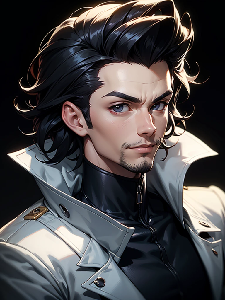 ((Portrait)), He has a Regal, Black-Haired Appearance, with an Athletic, Well-Built Build, and an Authoritarian Aura. He has Light Gray Eyes, and Expresses a Cheerful and Kind Look, Giving Off a Disciplined and Lively Attitude. His hair is Short and Tousled, Slightly Combed Back, with Light Facial Hair. He Wears a Stylish Dark Coat Over a Black Turtleneck Sweater, Giving Him a Sleek and Modern Vibe. ((Portrait, HDR, Dark Background))