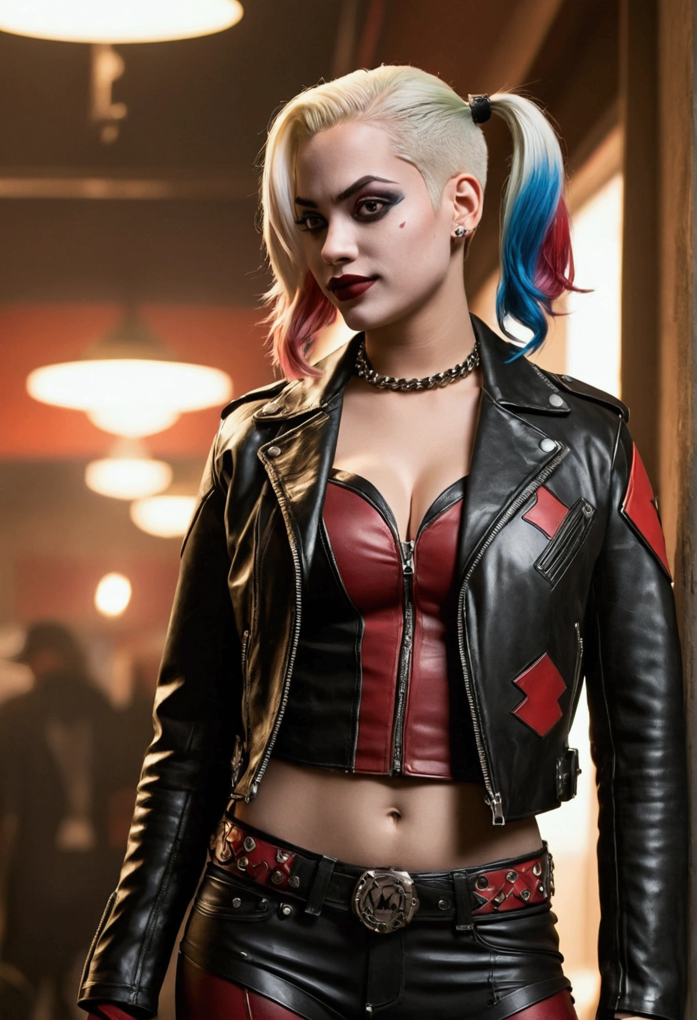 Masterpiece of Harley Quinn: A beautiful, busty biker woman with a narrow waist and wide hips adorns this intricately detailed masterpiece. Her buzz cut hair adds an edgy allure, while her navel peeks out from under her form-fitting leather jacket. The highly detailed design captures every curve and contour of her body, making it a true work of art.