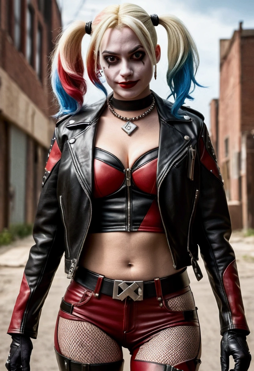 Masterpiece of Harley Quinn: A beautiful, busty biker woman with a narrow waist and wide hips adorns this intricately detailed masterpiece. Her buzz cut hair adds an edgy allure, while her navel peeks out from under her form-fitting leather jacket. The highly detailed design captures every curve and contour of her body, making it a true work of art.