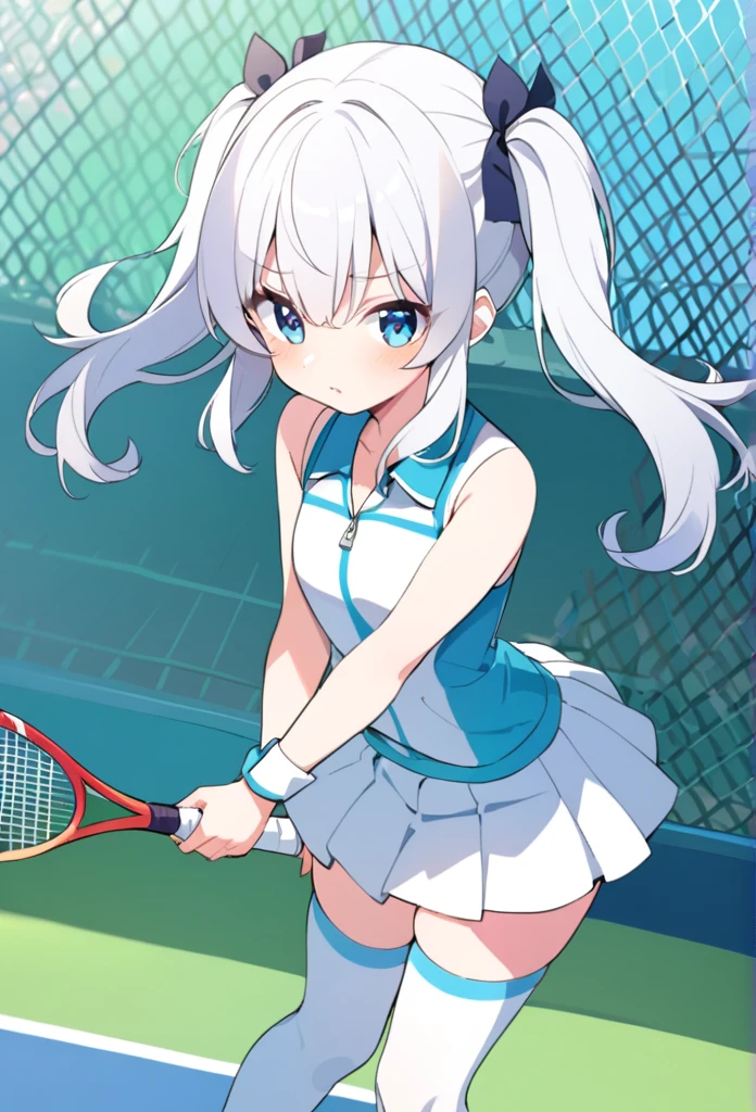 1 girl, cute, young, white hair, twintail, blue eyes, tennis wear, thigh high,