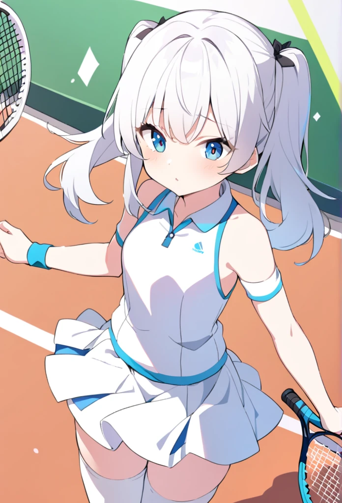1 girl, cute, young, white hair, twintail, blue eyes, tennis wear, thigh high,