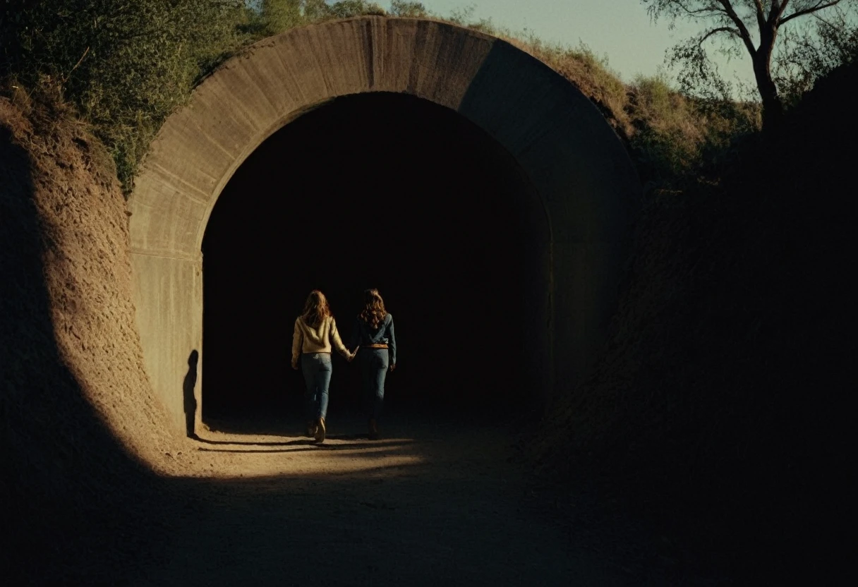 cinematic film still of film grain style
 Chiaroscuro Lighting Style
 Film grain still image of two people walking out of a Dark tunnel,wide,several girls,2 girls,outdoor,from behind,tree,shadow,holding hands,sunset,silhouette,Dark , cinematic look, movie look, filmic, contrast, detailed, high quality, sharp image, film color, Kodak motion picture film style, Different color, different people, different look, Different style, 35mm film, 16mm film, photographic film, music video style, Artistic style, cinematic style, Film granularity, film noise, image noise, artistic effect, Fujicolor, fuji film, Analogic photograph, movie style, still film, Film Grain Overlay, film grain style, shallow depth of field, viñeta, highly detailed, high budget, bokeh, cinemascope, moody, epic, gorgeous, film grain, grainy