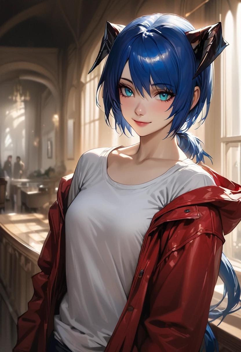 (woman), ((Mostima from arknights)), masterpiece, best quality, blue hair, ((short hair)), ((pony tail hair)), horns, plain white shirt, red fullbody coat, dark blue eyes, realistic anime style, smile, portrait, black gloves.