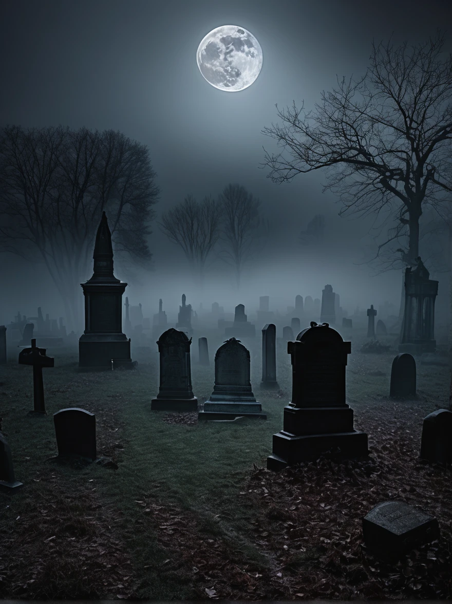 A dense fog blankets a desolate
graveyard, obscuring the moonlit
tombstones and casting an eerie
pallor over the scene. Strange
whispers drift through the air, and
the sound of shuffling footsteps
echoes from the darkness.
