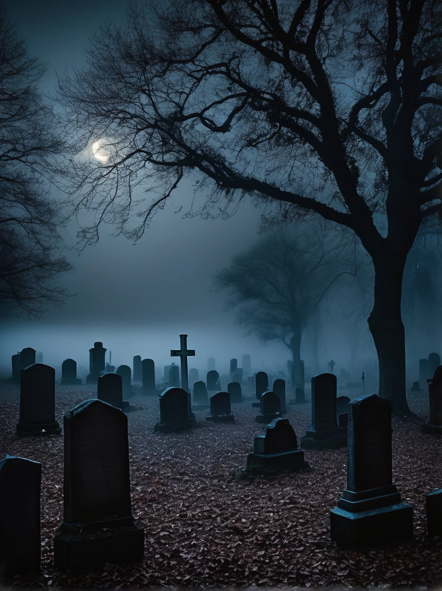 A dense fog blankets a desolate
graveyard, obscuring the moonlit
tombstones and casting an eerie
pallor over the scene. Strange
whispers drift through the air, and
the sound of shuffling footsteps
echoes from the darkness.

