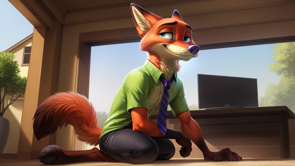 by Oaks16, by Wildering, by Albrecht Anker, solo (nick wilde) , anthro fox,tight green shirt,tight shorts, purple stripes necktie, blue eyes, sitting on floor, three-quarter view, looking at viewer, hand on cheek, BREAK, (house , detailed background), masterpiece, best quality, 4k, 2k, high detail, absurd res macro size reaching the ceiling red blush on the cheek embarrassed face bulge head reaching the ceiling paws focus too big giant size difference giant horse penis and testicles, penis reaching the ceiling,handjob cum on body and face everywhere