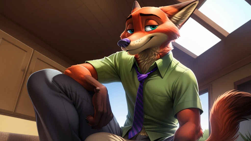 by Oaks16, by Wildering, by Albrecht Anker, solo (nick wilde) , anthro fox,tight green shirt,tight shorts, purple stripes necktie, blue eyes, sitting on floor, three-quarter view, looking at viewer, hand on cheek, BREAK, (house , detailed background), masterpiece, best quality, 4k, 2k, high detail, absurd res macro size reaching the ceiling red blush on the cheek embarrassed face bulge head reaching the ceiling paws focus too big giant size difference giant horse penis and testicles, penis reaching the ceiling,handjob cum on body and face everywhere