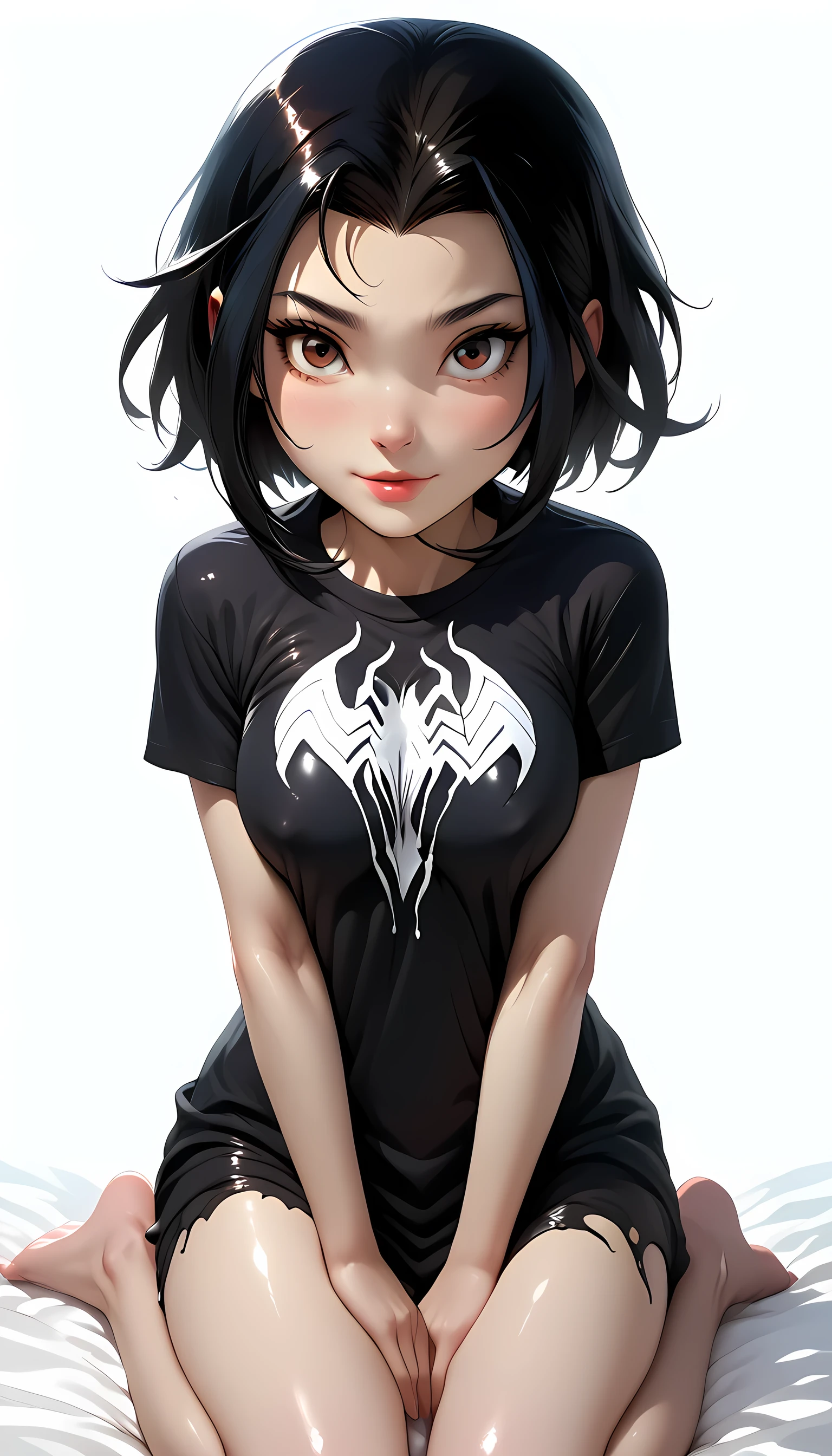 sexy female character art, (hews art style:0.7), score_9, score_8_up, score_7_up, score_6_up, uncensored, Jadechan being taken over by She-Venom, short black hair, dark hair, forehead, brownish-red eyes, BREAK (masterpiece:1.2), best quality, high resolution,(detailed eyes:1.3), perfect lighting,(perfect hands, perfect anatomy), large breasts, venom_assimilation, transformation, dehumanization, kneeling, corruption, (digital painting, concept art, smooth, sharp focus, intricate details, UHD, masterpiece: 1.2), accentuated nipples, slim and busty body type, pro-style digital_illustion from pivix, bratty, clean youthful face, -like, innocent face, Jackie_Chan_Adventures/Venom crossover, blank background,