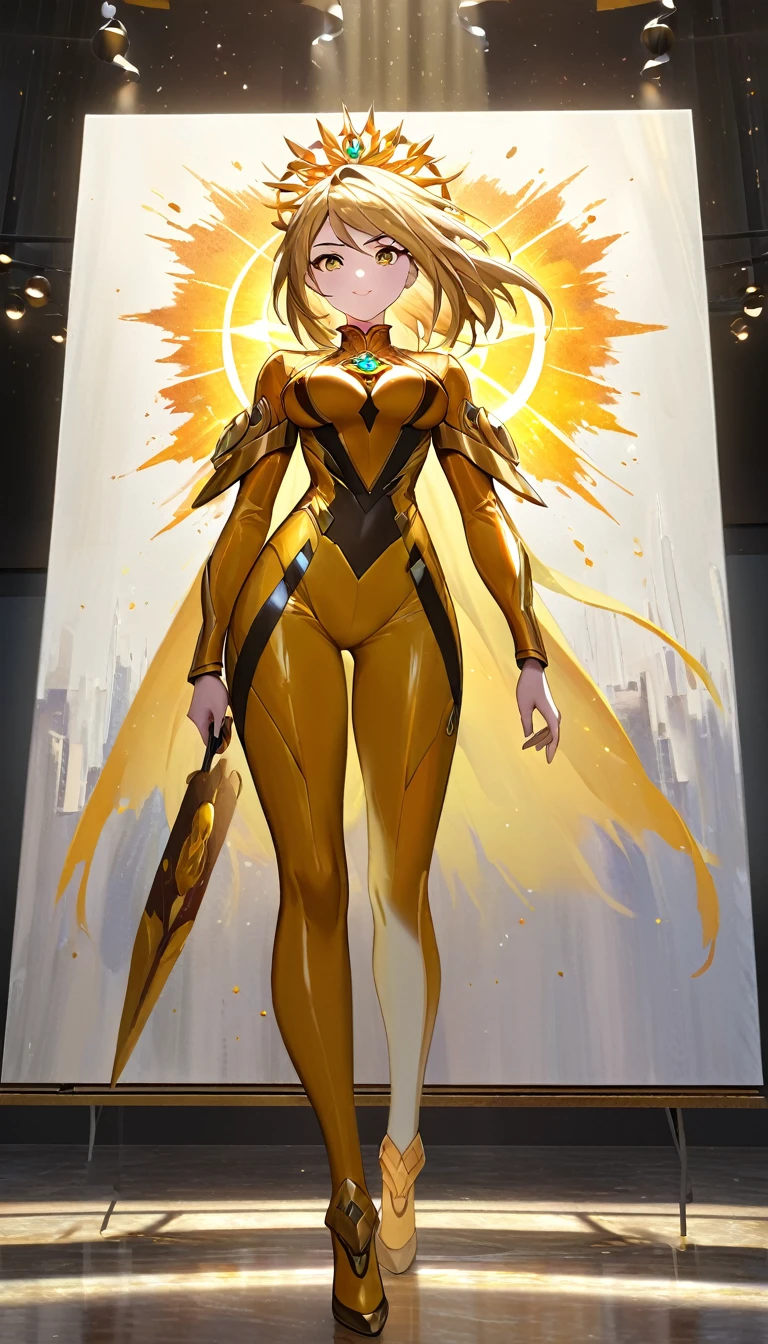Create an exquisite masterpiece painting of a powerful woman standing with confidence, adorned in a radiant golden hero suit, rendered in a captivating anime style. Ensure the image is presented in 4K resolution, of the highest quality, with HDR and UHD enhancements. Achieve perfect color grading to bring out the vibrant and dynamic essence of the artwork.