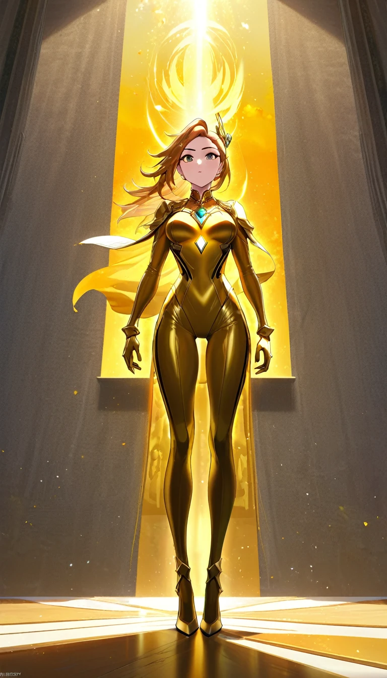 Create an exquisite masterpiece painting of a powerful woman standing with confidence, adorned in a radiant golden hero suit, rendered in a captivating anime style. Ensure the image is presented in 4K resolution, of the highest quality, with HDR and UHD enhancements. Achieve perfect color grading to bring out the vibrant and dynamic essence of the artwork.