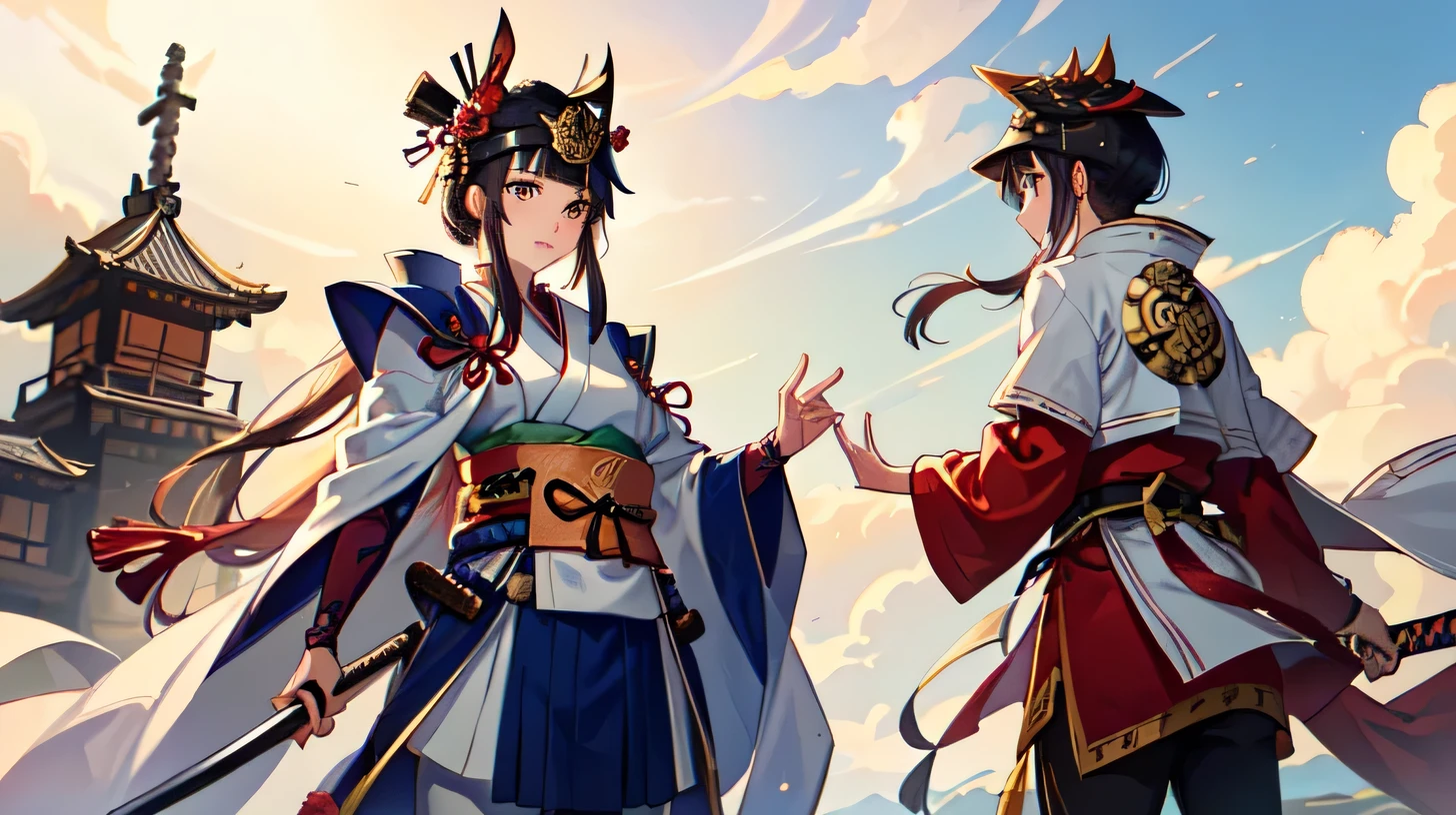 ((best quality)), ((masterpiece)), (detailed), samurai girl wearing samurai-face-mask, samurai straw helmet, 2 samurai swords in sword sheaths one being vertical the other pointing upwards, one hand is on the handle of a sword, she is looking to the sky, long cloth clothes, tight cloth leggins, cape, turned side wards, medium distance