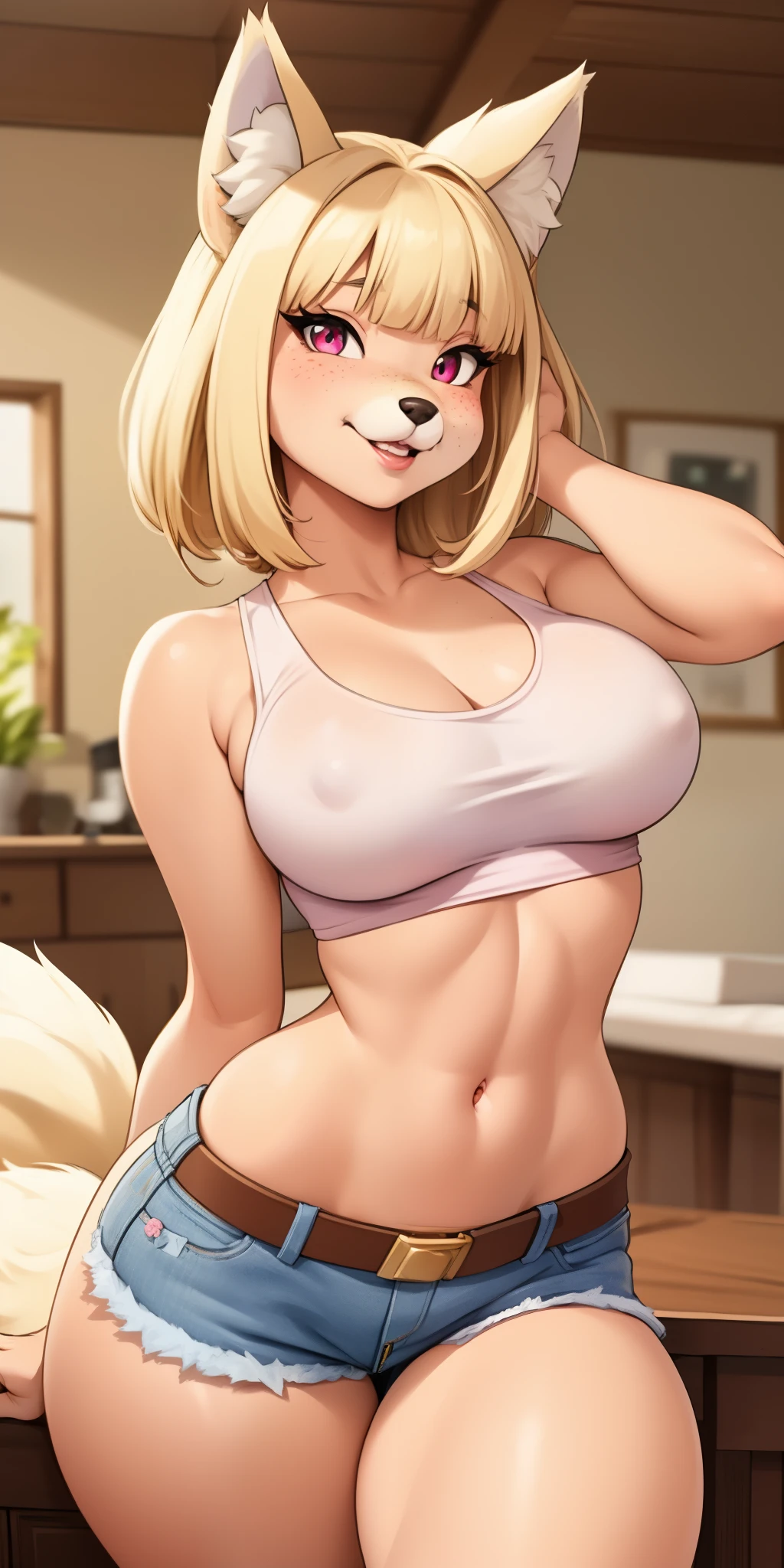 Beautiful round medium breasts, 1girl, ((Straight blonde hair with cute bangs)) ((wolf girl, Fluffy wolf furry ears)) light pink eyes, has an beautiful sensual body with freckles, with beautiful breasts and thin waist, HIP HOP Beautiful and cute tank top, high waist denim shorts, women's belt fabric delicate, has a bold appearance. young, quality, realistic, best quality, cute expression, pink lipstick lips, Cute smile, leaning, In the beautiful romantic beautiful room