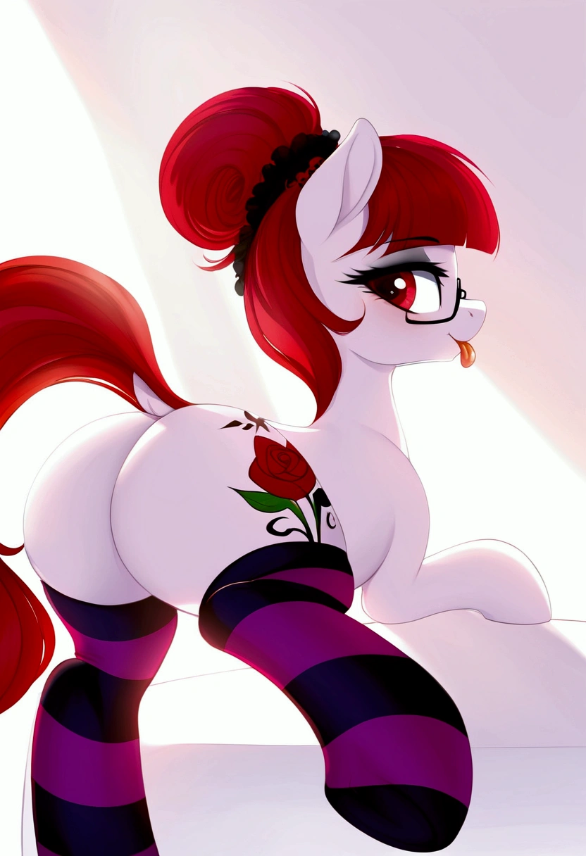 radiant lighting, vibrant colors, whimsical atmosphere, 8K, high resolution, highly detailed, masterpiece, (((my little pony))), four stockings, (red hair, white body, red eyes) cute face, tongue out, striped stockings, standing on four hooves, cool glasses, showing butt, (tattoo on all body:1.4), goth style