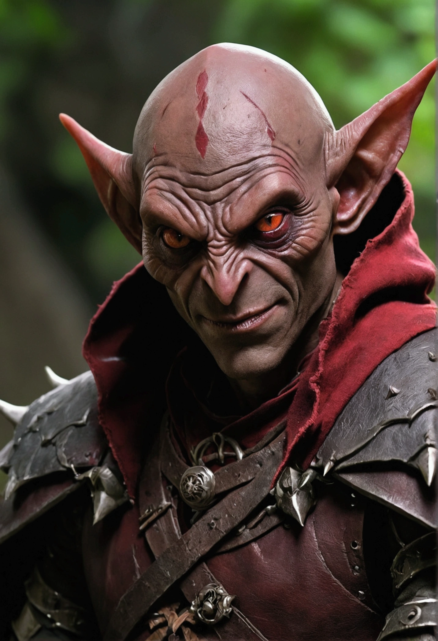 ((masterpiece, top quality)), detailed face, Anime character, red goblin druid 3 feet tall, bald, with piercing red eyes and a sinister smile, He is wearing a full set of leather armor., complemented by a torn cloak with a raised hood, The armor has intricate details., displaying a worn and battle-worn appearance, The goblin exudes an aura of fearlessness and readiness to fight.., high balance, Natural light, cave decoration