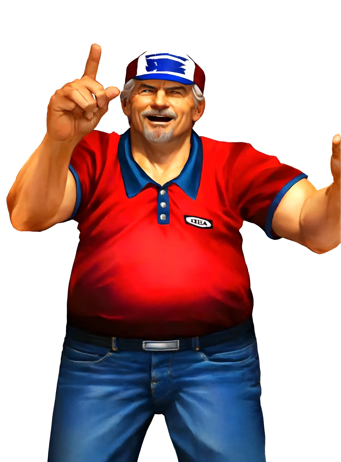 a close up of a man in his 60s wearing a red shirt and blue jeans, rising index finger, as a character in tekken, beefy, realistic textures, jeff bridges with a goatee, best friend opening the mouth as to say "eureka!", happy, Out Run 2 flagman, 2 k, 2k, muscular bernie sanders, buff man, character from king of fighters, robust stocky body, hide the pain harold, name of character is flagman, wise face, pointing at the sky with his INDEX finger, his cap has a SEGA logo on it, (short GREY hair)
