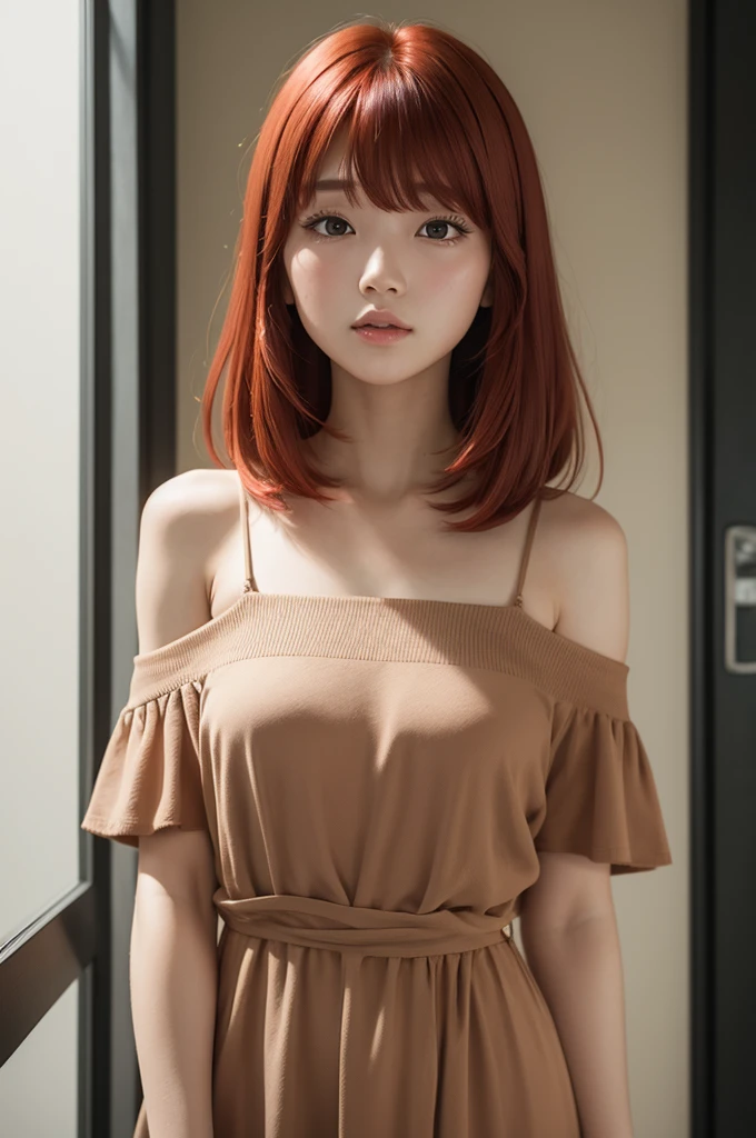 a red-haired girl with bangs and shoulder-length hair