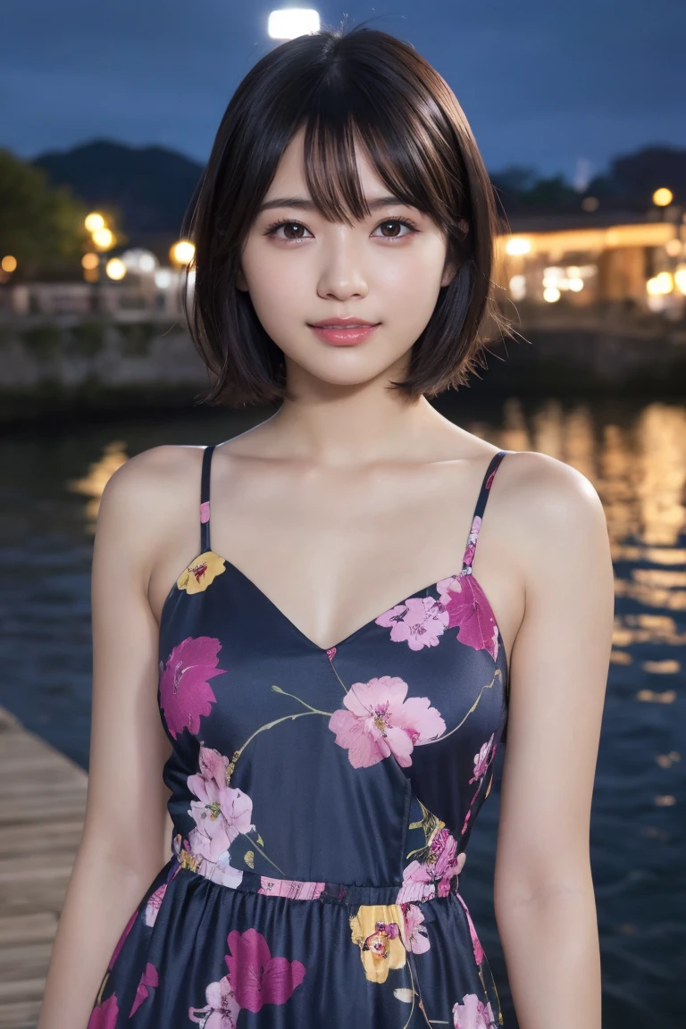 1 Girl, (Wearing a rainbow dress:1.2), (Supercluster), Very beautiful Japanese idol portraits, (RAW Photos, Highest quality), (Realistic, Realistic:1.4), (masterpiece), Very delicate and beautiful, Very detailed, 2k wallpaper, wonderful, finely, Very detailed CG Unity 8K wallpaper, Very detailed, High resolution, Soft Light, Beautiful detailed girl, Very detailed目と顔, Beautiful and sophisticated nose, Beautiful and beautiful eyes, Cinema Lighting, (Fashion magazine photography:1.3), (Outdoor), (night lighting), (Waterfront), (short hair), Complete Anatomy, Slender body, Small breasts, smile