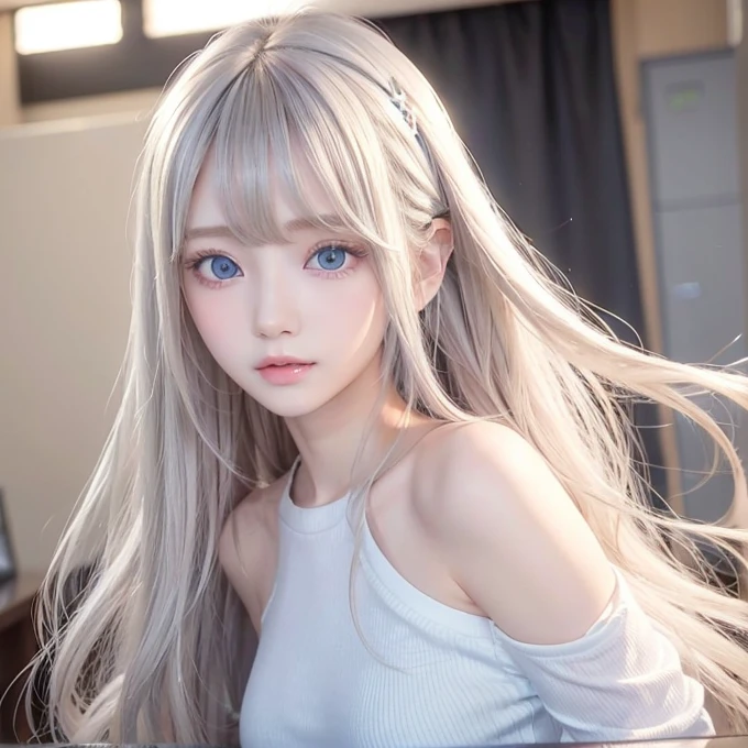 silver shiny hair、Super long straight silky hair、Dazzling blonde super long silky hair、16 years old cute little beautiful face、A beautiful girl、Sparkling blonde dancing in front of a pretty face、Long, silky bangs that cover the space between the eyes、Very beautiful, bright, large, light blue eyes、Very big eyes、Hair that hides the face、Sexy pretty young woman with super long bangs、Very white skin、Cheek gloss highlighter、Small Face Beauty、Round face、Cute Shirts、Ample Bust, embarrassed face、Skinny jeans and t-shirt、