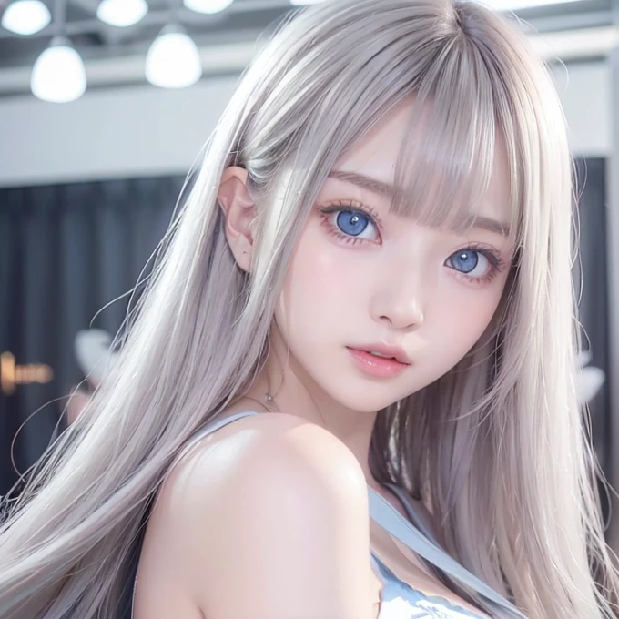 silver shiny hair、Super long straight silky hair、Dazzling blonde super long silky hair、16 years old cute little beautiful face、A beautiful girl、Sparkling blonde dancing in front of a pretty face、Long, silky bangs that cover the space between the eyes、Very beautiful, bright, large, light blue eyes、Very big eyes、Hair that hides the face、Sexy pretty young woman with super long bangs、Very white skin、Cheek gloss highlighter、Small Face Beauty、Round face、Cute Shirts、Ample Bust, embarrassed face、Skinny jeans and t-shirt、