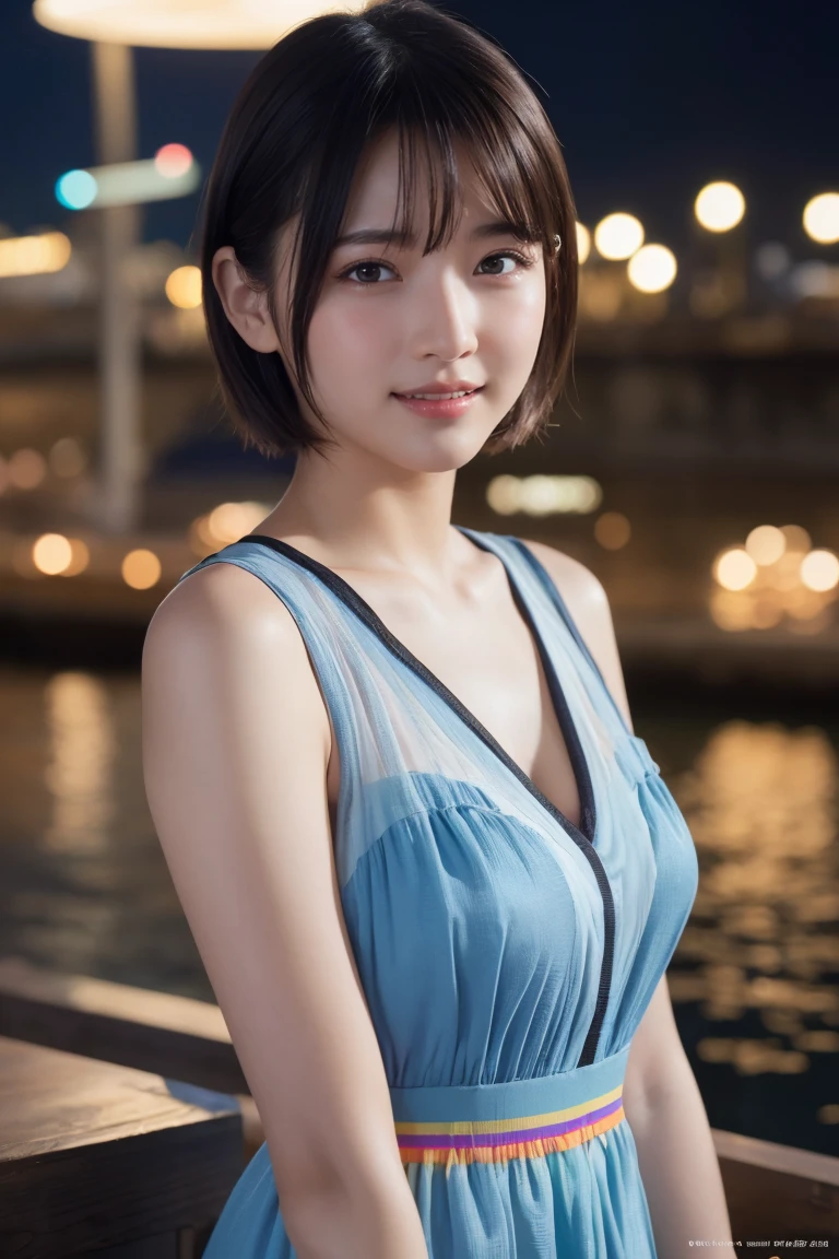 1 Girl, (Wearing a rainbow dress:1.2), (Supercluster), Very beautiful Japanese idol portraits, (RAW Photos, Highest quality), (Realistic, Realistic:1.4), (masterpiece), Very delicate and beautiful, Very detailed, 2k wallpaper, wonderful, finely, Very detailed CG Unity 8K wallpaper, Very detailed, High resolution, Soft Light, Beautiful detailed girl, Very detailed目と顔, Beautiful and sophisticated nose, Beautiful and beautiful eyes, Cinema Lighting, (Fashion magazine photography:1.3), (Outdoor), (night lighting), (Waterfront), (short hair), Complete Anatomy, Slender body, Small breasts, smile